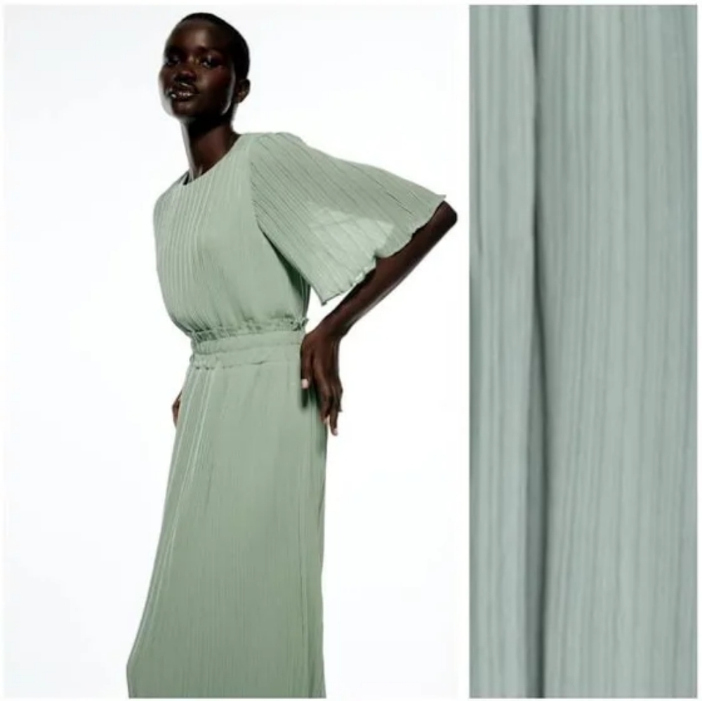 Zara midi pleated dress fluter sleeves green/mint size L Nwt